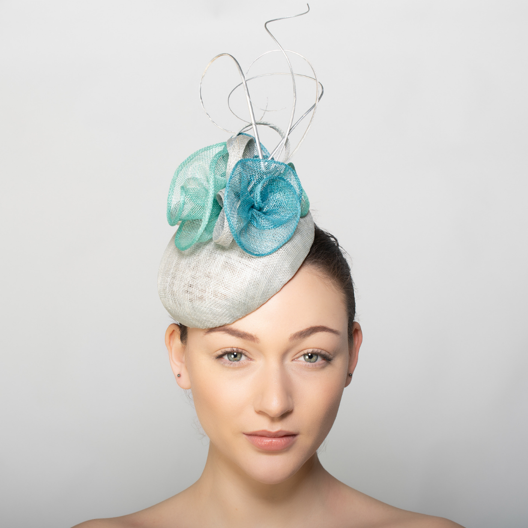 Aqua and Silver Oval Pillbox hat by Isabella Josie