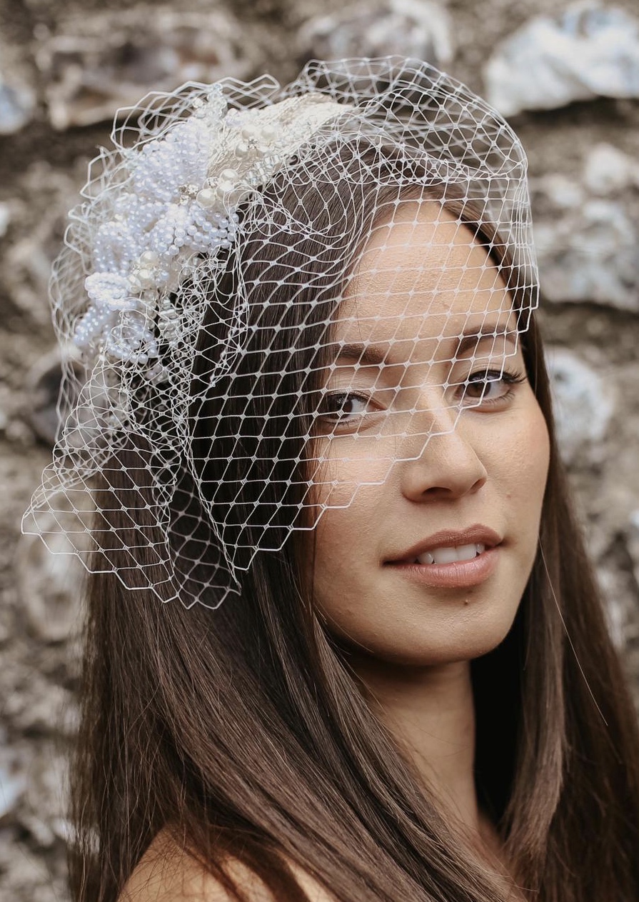 Birdcage bridal veil with french beading
