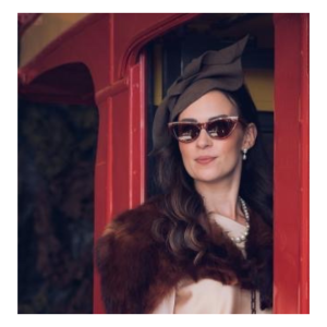Bryony Snowdon Williams in her Isabella Josie hat at Goodwood Revival 2022