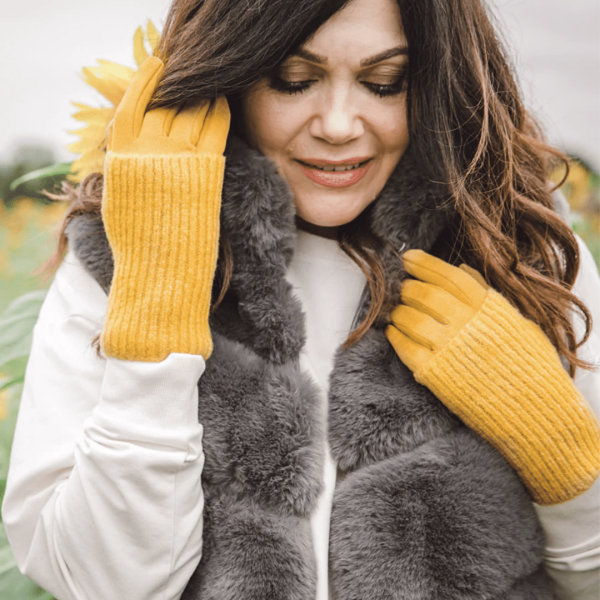 Mustard 3 in 1 ribbed knitted gloves
