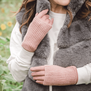 Dusky Pink 3 in 1 ribbed knitted gloves