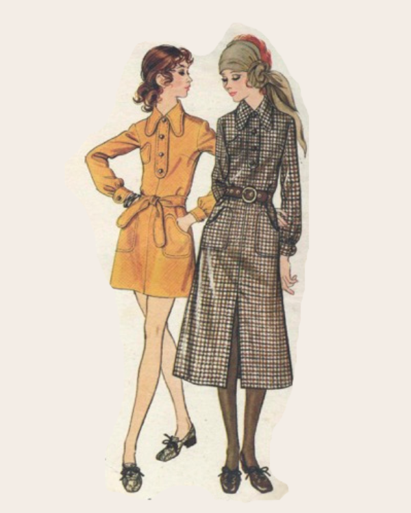 c 1970 Butterick Sewing pattern. semi fitted A line dress in midi and mini length