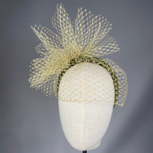 Green Suede Headband with metallic gold birdcage veiling - luxury headband by Isabella Josie, Arundel milliner.