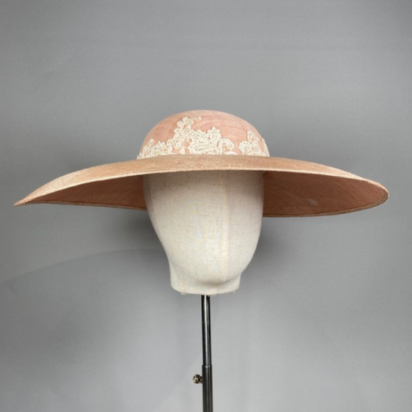 Large Blush Pink Hat with ivory lace trim by Isabella Josie