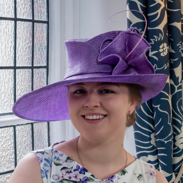 lilac wide brimmed special occasion hat by Isabella Josie bespoke millinery. Arundel hat shop.