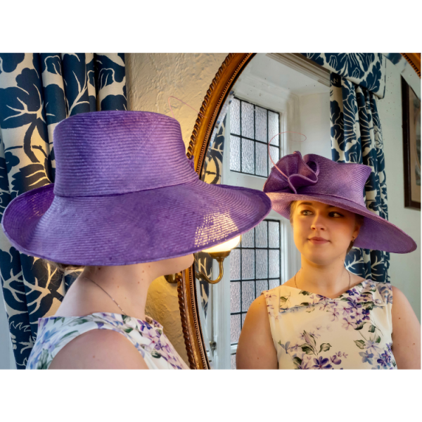 lilac wide brimmed special occasion hat