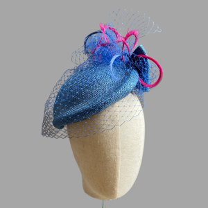 Lou Lou: Blue Teardrop perching hat with cerise pink feathers
