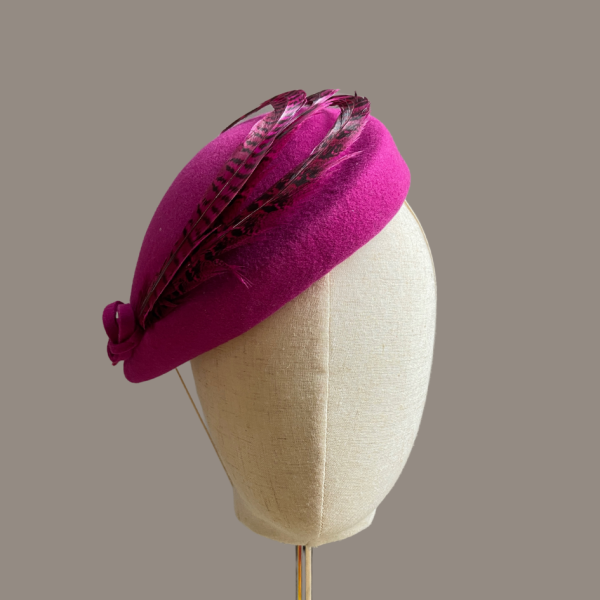 Raspberry Pink Perching Hat with Pheasant Feathers